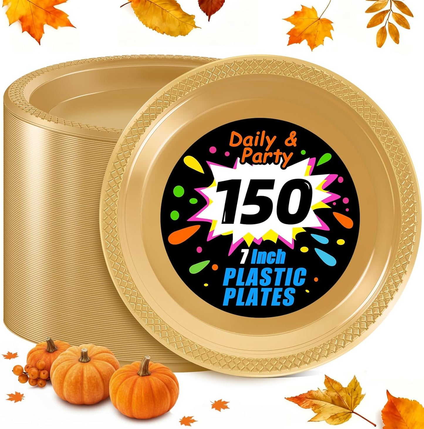 WELLIFE 7 Inch Gold Dessert Plates 150 Count, Gold Plastic Plates for Party Dessert Cake Appetizers Salad Wedding Engagement Birthday