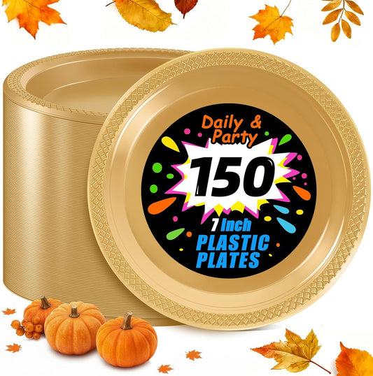 WELLIFE 7 Inch Gold Dessert Plates 150 Count, Gold Plastic Plates for Party Dessert Cake Appetizers Salad Wedding Engagement Birthday