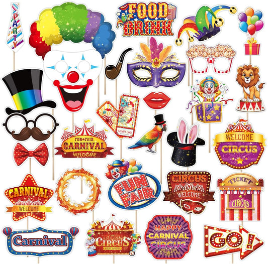 Carnival Photo Booth Props, Tumwisk 30PCS Carnival Decorations Circus Theme Party Decorations,Funny Circus Theme Party Selfie Props - Circus Birthday Backdrop