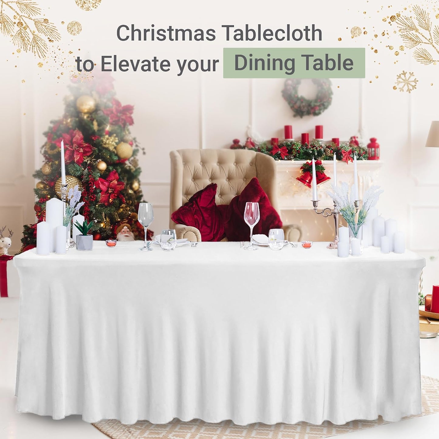 Table Skirt for Rectangular Tables 8ft - Wedding Spandex Covers for Standard 8 Foot Table - One Piece Fitted Stretchy Tablecloth - Wrinkle Resistant Ruffles Great for Party,Banquet (8 ft, White)