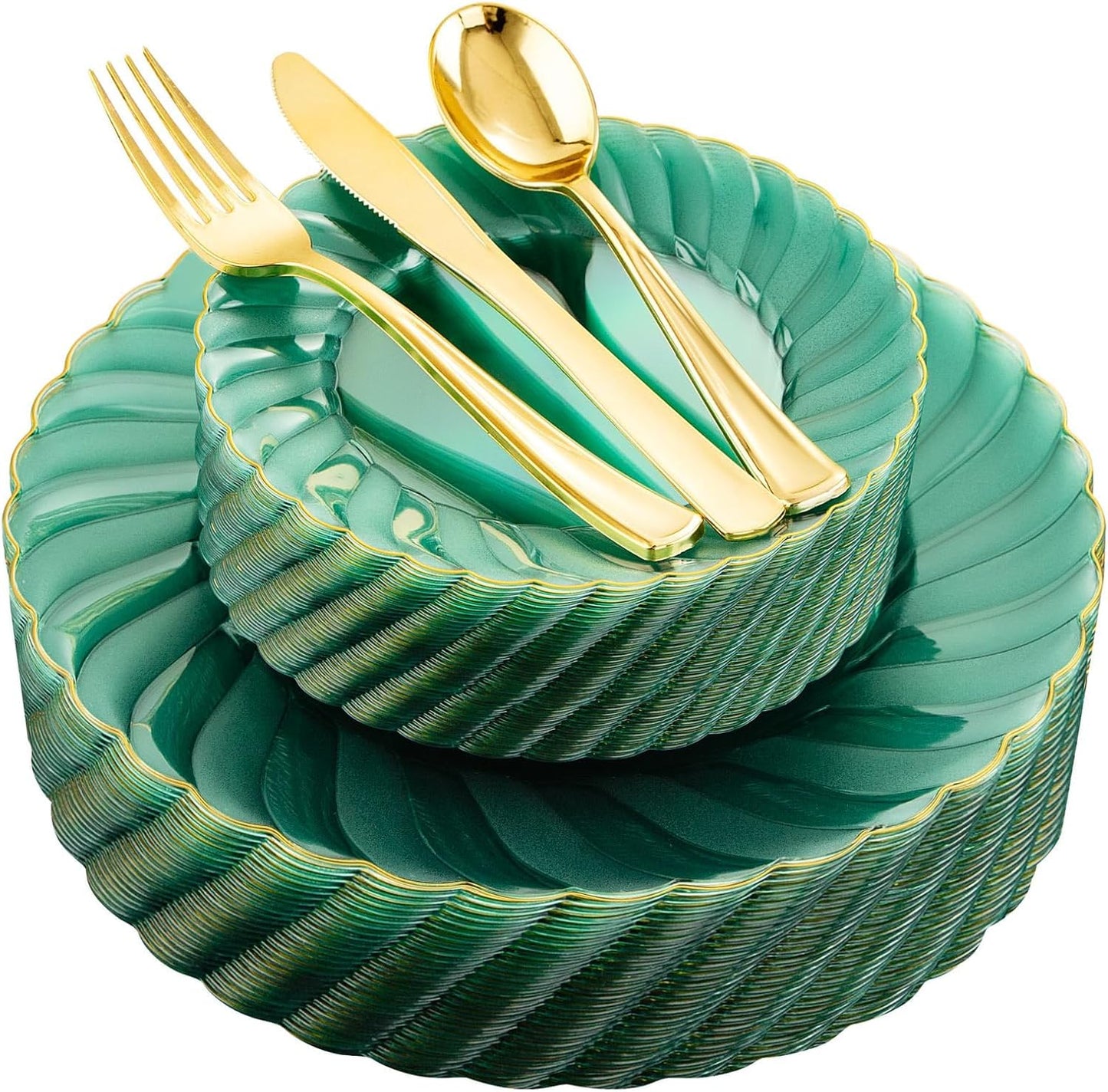YOUBET 125PCS Clear Green Plastic Plates with Gold Rim - Green and Gold Plastic Plates Include 25 Dinner Plate 25 Dessert Plate 75 Disposable Silverwares for Wedding & Party & Christmas