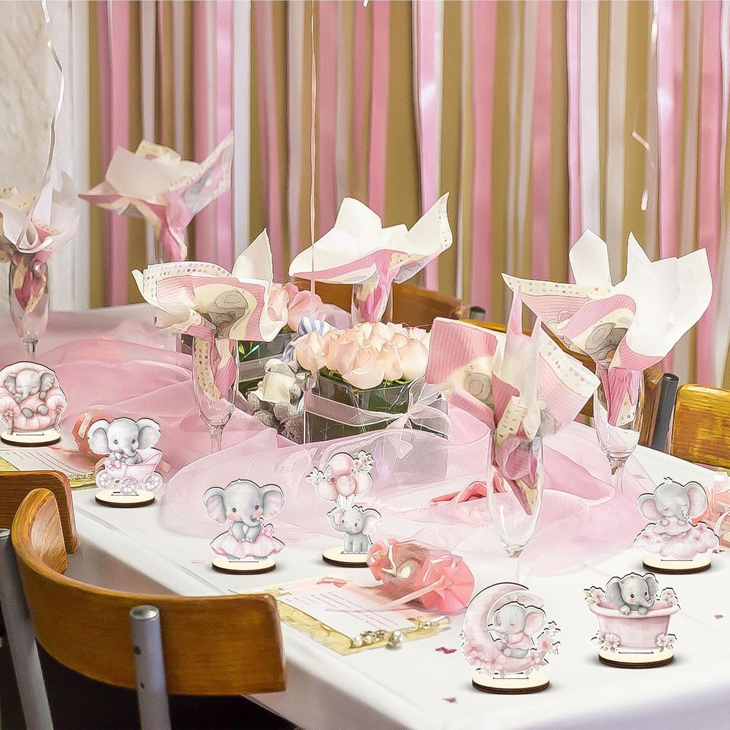16 Pcs Wooden Baby Shower Table Centerpiece Pink Elephant Tabletop Detachable Sign It's A Girl Gender Reveal Table Toppers Display Decoration Elephant Birthday Photo Props Party Favor Supplies
