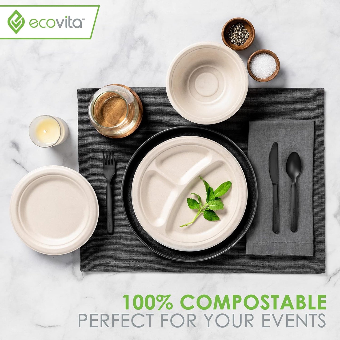 Ecovita 100% Compostable Paper Plates [9 in.] COMPARTMENTS – 150 Disposable Plates Eco Friendly Sturdy Tree Free Liquid and Heat Resistant Alternative to Plastic or Paper Plates
