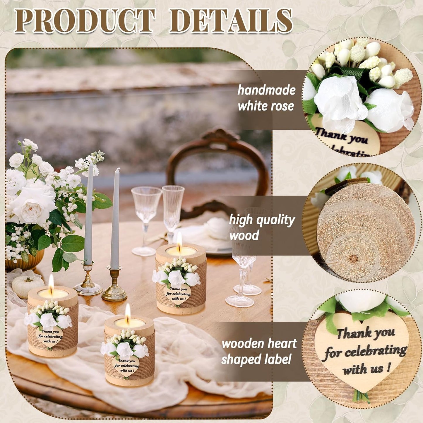 12 pcs Handmade White Rose Wood Tealight Candle Holder,Bridal Shower Tealight Holder Thank You Gifts, Wedding Favors for Guests, Wooden Cylinder Candle Holders for Table Centerpiece