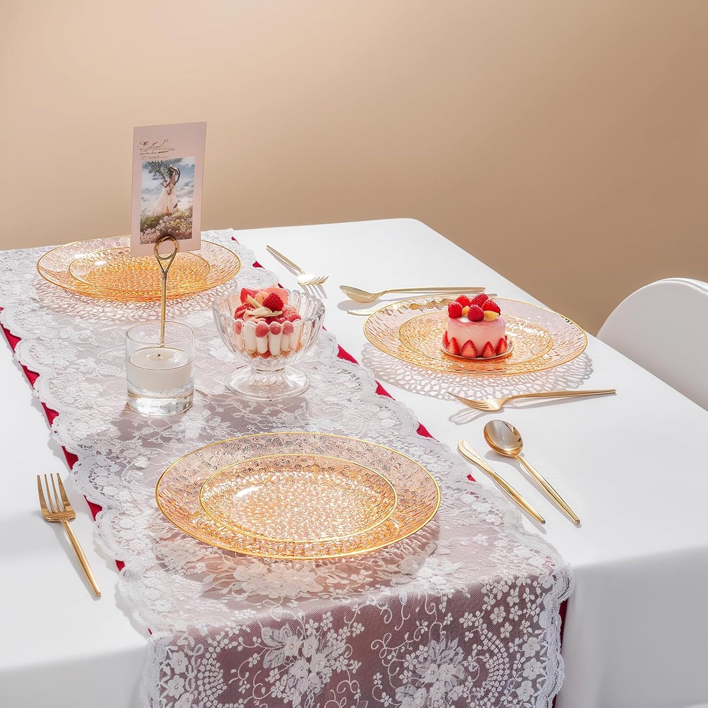 Rubtlamp 100Pcs Orange Plastic Plates, Orange Disposable Plates With Gold Rim, Hammered Plastic Plates Include 50 Dessert Platos, 50 Dinner Platos for Party