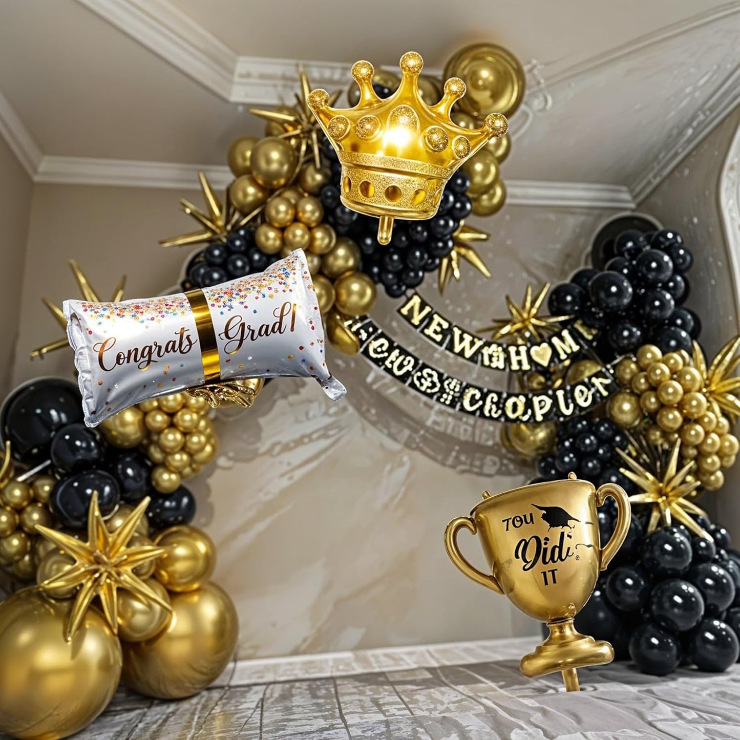 Graduation Decorations Class of 2025 Black and Gold Balloons Arch kit, 120 Pcs Congratulations Graduation Balloon with Gold Confetti Balloons Explosion Star Certificate Trophies Crown Foil Balloon