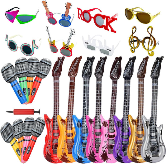 Large Rock Star Funny Sunglasses Set, Rock and Roll Party Funny Music Sunglasses, Inflatable Guitar Microphone for 70s, 80s, 90s, Music Party, Photo Booth Props for Carnival Rock and Roll Party