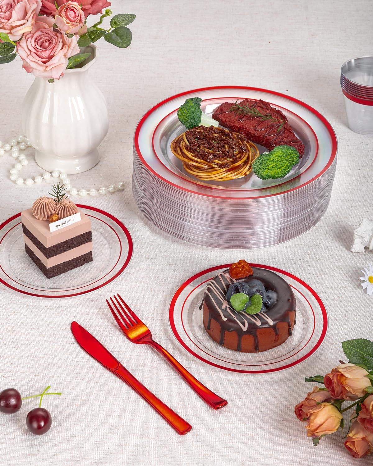 Goodluck 175 Piece Red Plastic Plates, Clear Plastic Silverware Disposable Plates Set, Include 50Plates, 25Pack Pre Rolled Napkins with Silverware, 25Cups for Party, Christmas, Graduation, Wedding