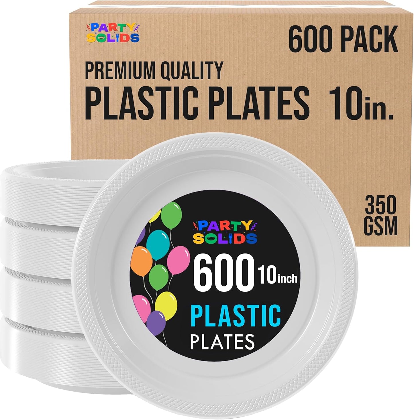 Party Solids White Plastic Plates Bulk 10" White Disposable Plates For Party Supplies 600 Pieces Disposable Dinner Plate Heavy Duty 350 GSM Plate Sets, Plastic Dinnerware Sets