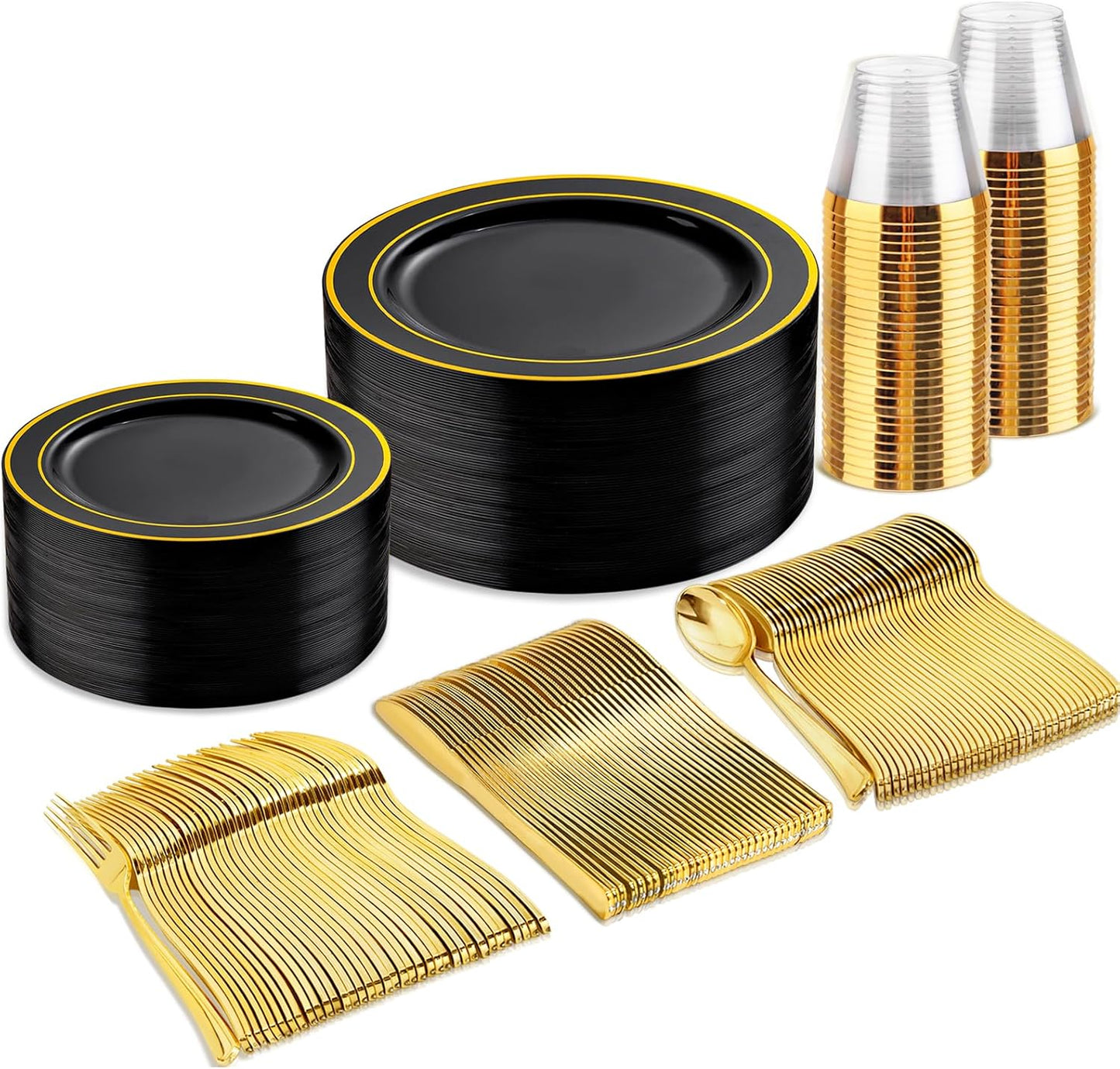 bUCLA 150 Pieces Black and Gold Disposable Dinnerware Set - 25 Guests Black Gold Plastic Plates Include 25 Dinner & 25 Dessert Plates, 25 Spoons, 25 Forks, 25 Knives, 25 Cups for Party & New Year