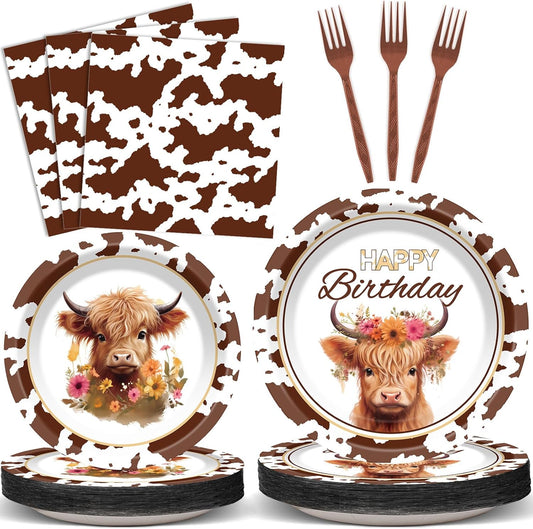 200 Pcs Highland Cow Birthday Tableware Disposable Brown Cow Paper Plates Napkins Party Supplies Highland Cattle Dinnerware Set Western Farm Animals Kids Baby Shower Party Decoration Serve 50 guest