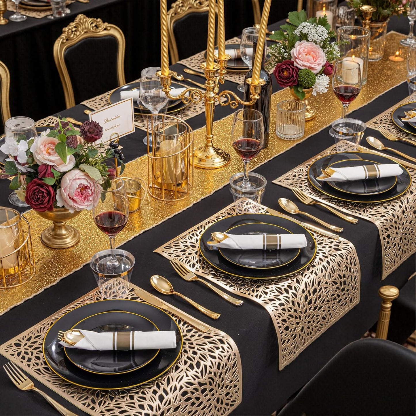 KIRE 175Pcs Black Plates Disposable - Heavy Duty Black and Gold Plastic Plates- 25 for Dinner 25 for Dessert 25 Pre Rolled Gold Silverware and 25 Cups for New Year/Birthday Party