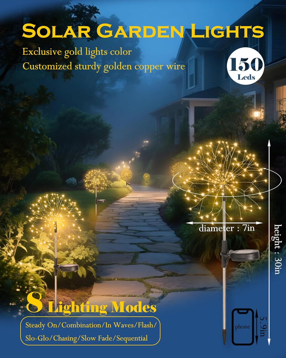 Solar Garden Lights Outdoor Yard Decorations, 8 Pack 150Leds Pathway Lights, Fairy Firework Stake Light for Garden, Patio, Pathway, Flowerbed Gold Color