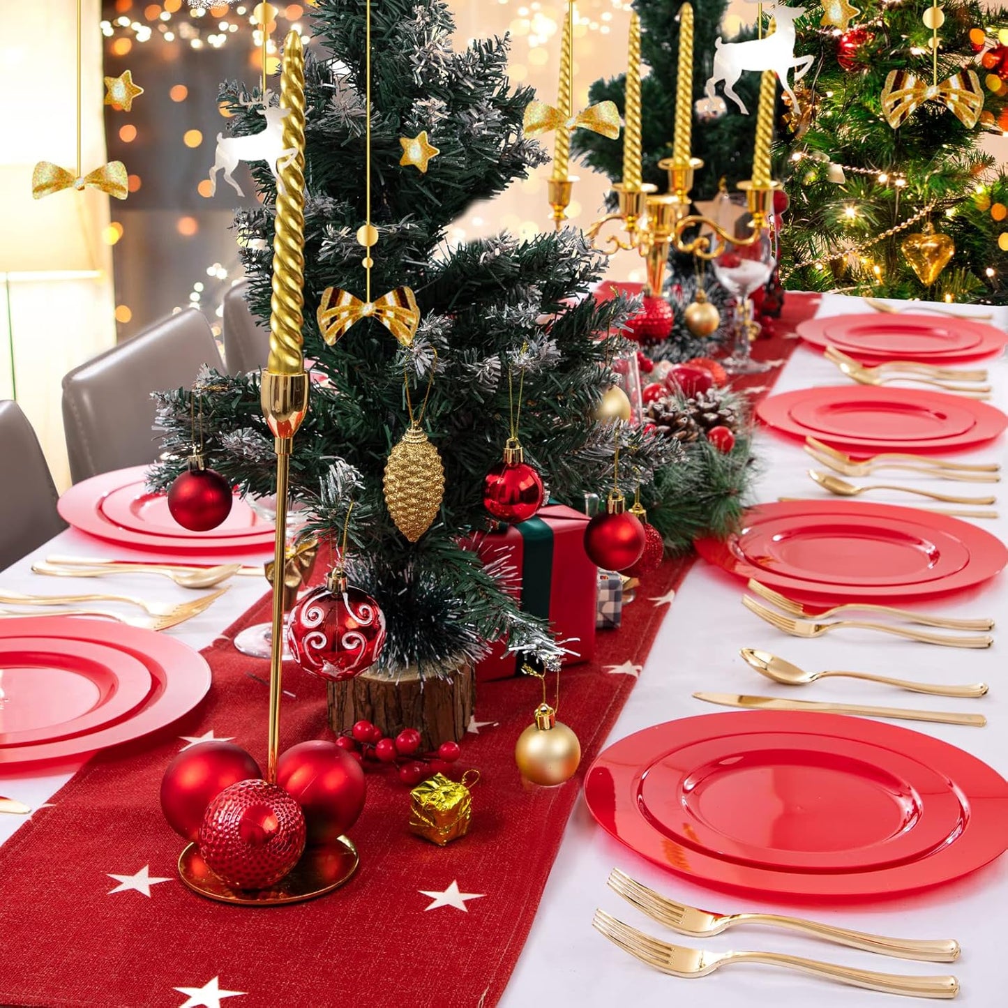 FLOWERCAT 60PCS Red Plastic Plates - Heavy Duty Red Plates Disposable for Party - Include 30PCS 10.25inch and 30PCS 7.5inch for 30 guests Party & Christmas & New Year
