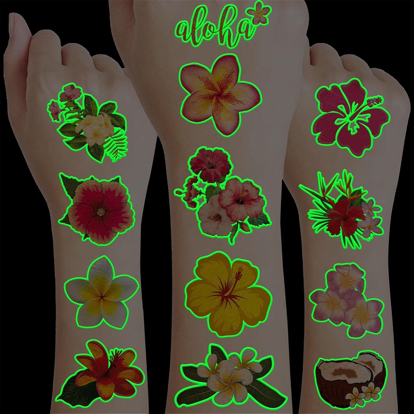 96 PCS Tropical Flower Hawaiian Pre-Cut Temporary Themed Birthday Favors Supplies Décor Cute Luau Gifts For Game Boys Girls Classroom School (Glow In The Dark)