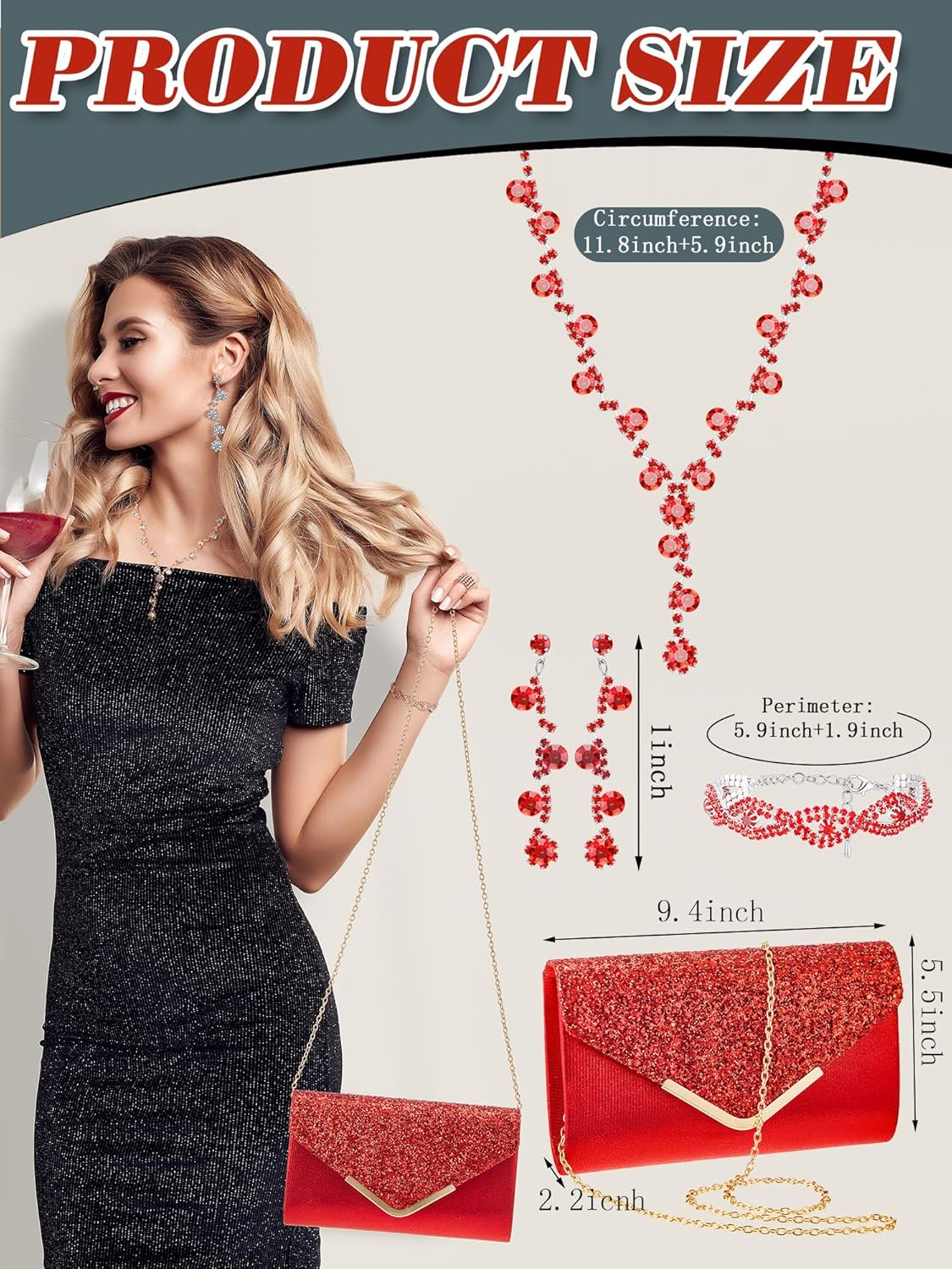 Henoyso 5 Pcs Purse Rhinestone Jewelry Set Prom Jewelry Rhinestone Clutch Purse Necklace Earrings Bracelets for Women Bride