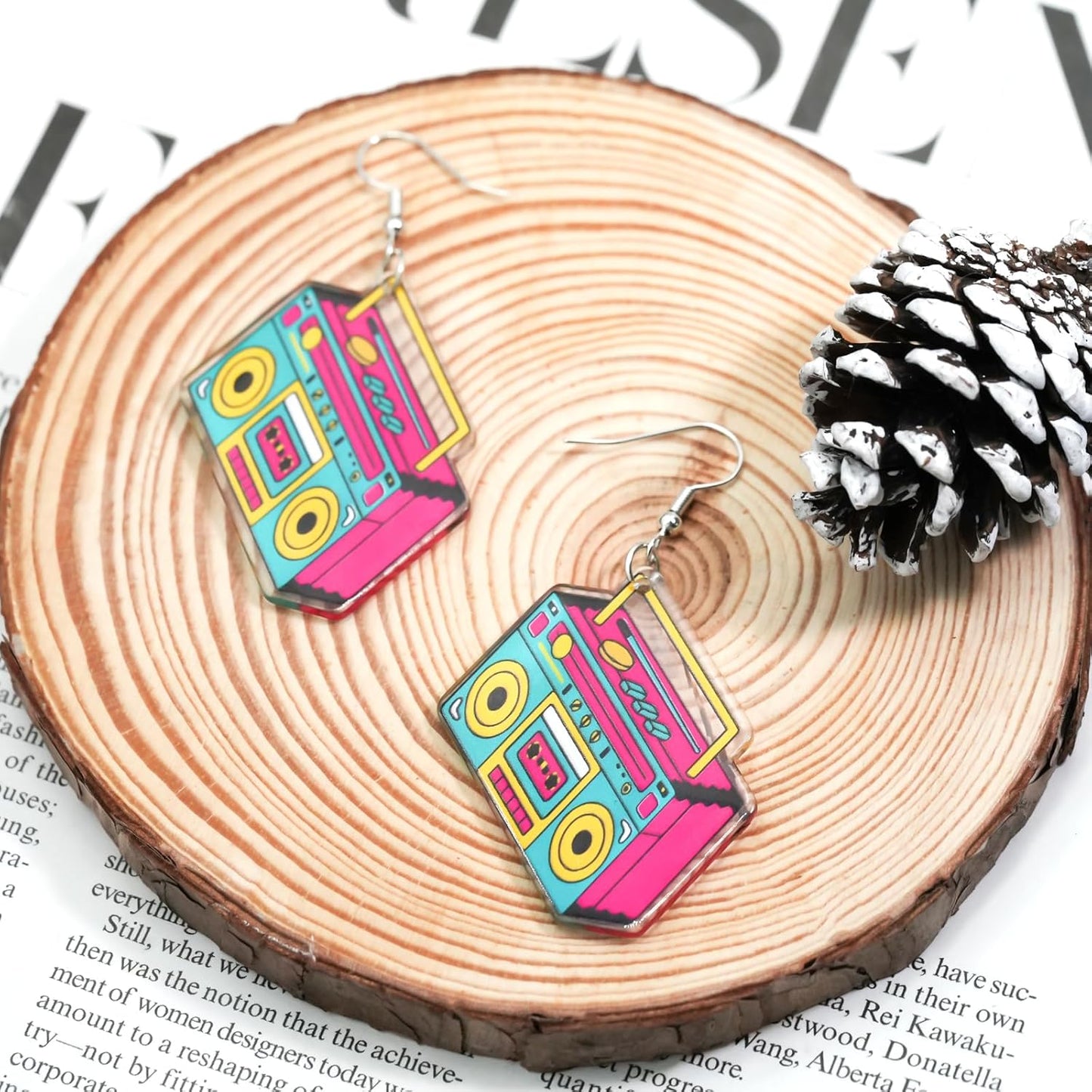 90s 80s Earrings for Women Retro Cassette Tape Earrings Acrylic Radio Tape Drop Dangle Earring for Halloween Cosplay Glow Party Music Festival Costume Accessories