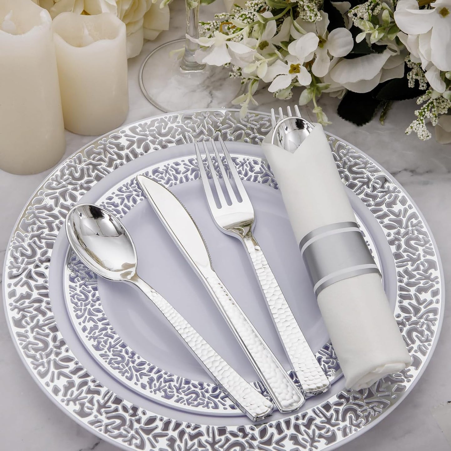 Supernal 60 Pack Pre-Rolled Silver Plastic Cutlery Heavy Duty Wrapped Silverware Disposable Premium Silver Plastic Silverware Forks and Spoons for Halloween Thanksgiving Christmas