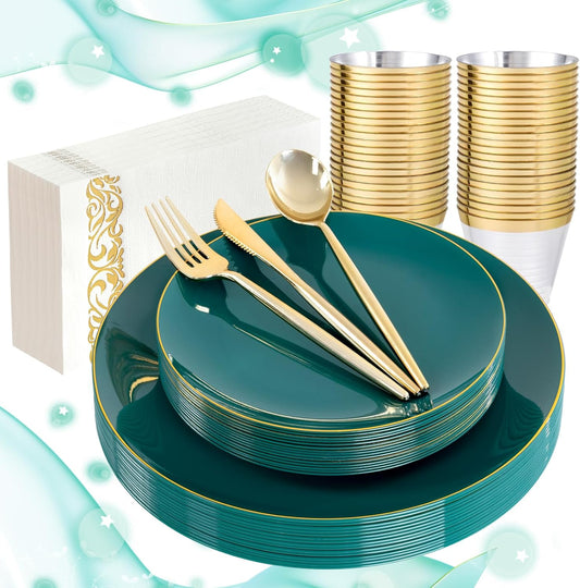 LUODA MirthMood 210pcs Green Plastic Plates,Disposable Green Gold Party Plates,Include 30 Dinner,Dessert Plate,30 Cup&30 Napkins, 90 Gold Silverware for Wedding & Party & Birthday（green）