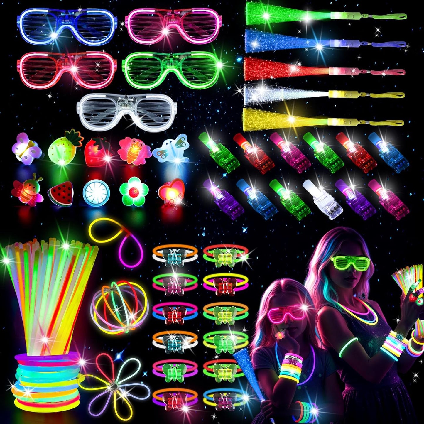 LovesTown Glow in the Dark Party Supplies for Kids Adults, 260PCS Light up Party Favors with LED Glasses Glow Sticks Finger Lights for Christmas New Year Raves Birthday Wedding