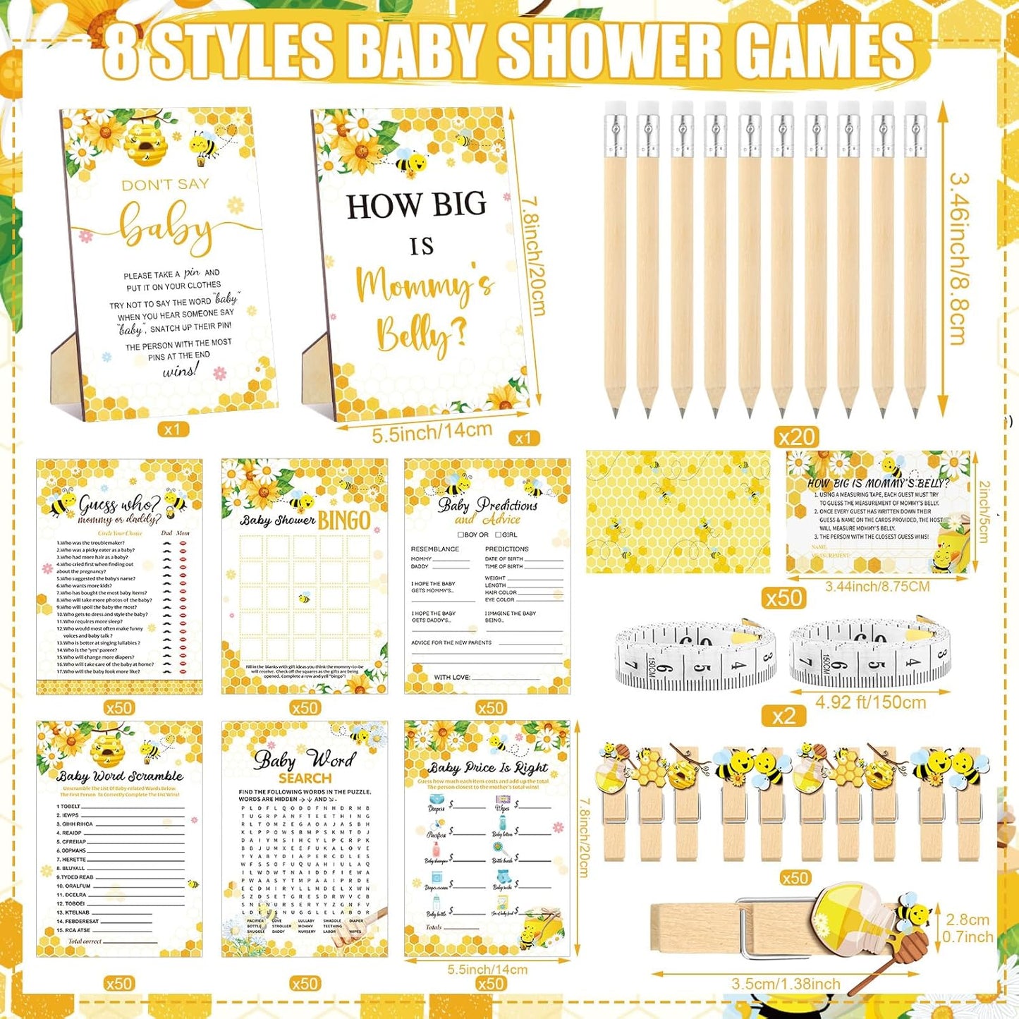 426 Pcs Bee Baby Shower Games Set-8 Games, Includes Baby Shower Bingo, Price is Right, Guess Who, Word Scramble, Prediction and Advice, How Big is Mommy's Belly, Don't Say The Words