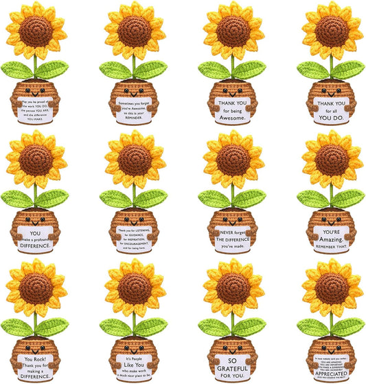 12 Pcs Employee Christmas Appreciation Gifts Bulk, Christmas Xmas Gifts for Coworkers, Thank You Handmade Crochet Doll with Positive Card for Coworker Office Staff(Thank You Sunflower)