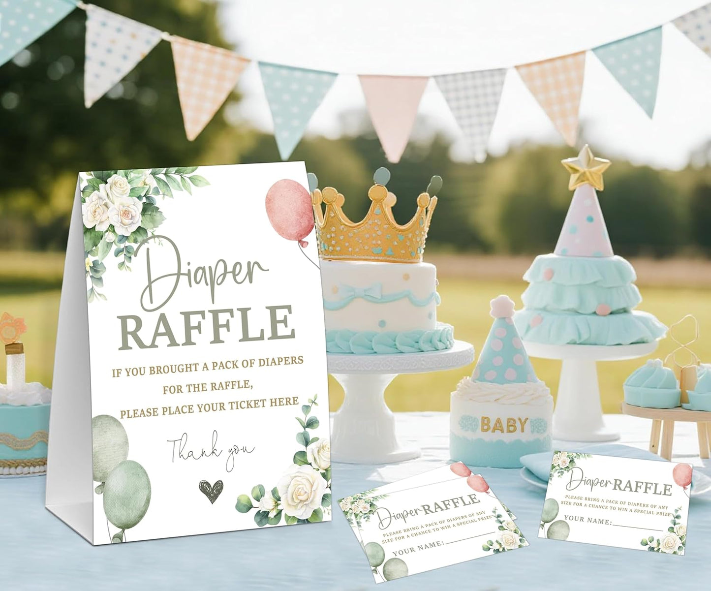 Sage Green Baby Shower Diaper Raffle, Baby Shower Game, Include One 5×7 Sign and 50 Diaper Raffle Tickets, Greenery Balloons Gender Reveal Party Decoration Supplies - FG07