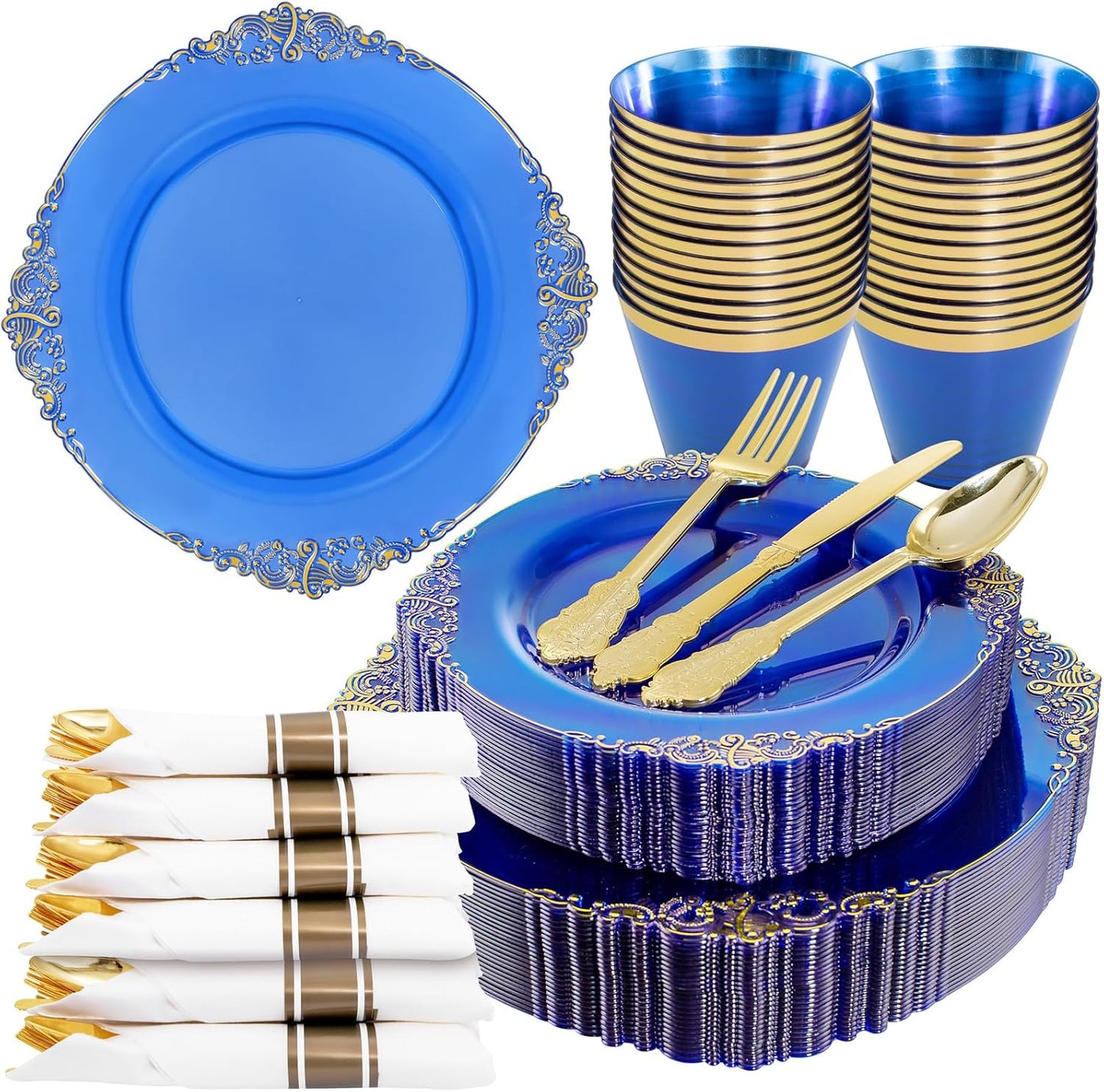 Nervure 175PCS Blue Plastic Plates - Disposable Blue Gold Party Plates & Pre Rolled Napkins with Cutlery for 25 Guests, 50Plates, 75Silverware, 25Cups, 25Napkin for Wedding & Party & Independence Day