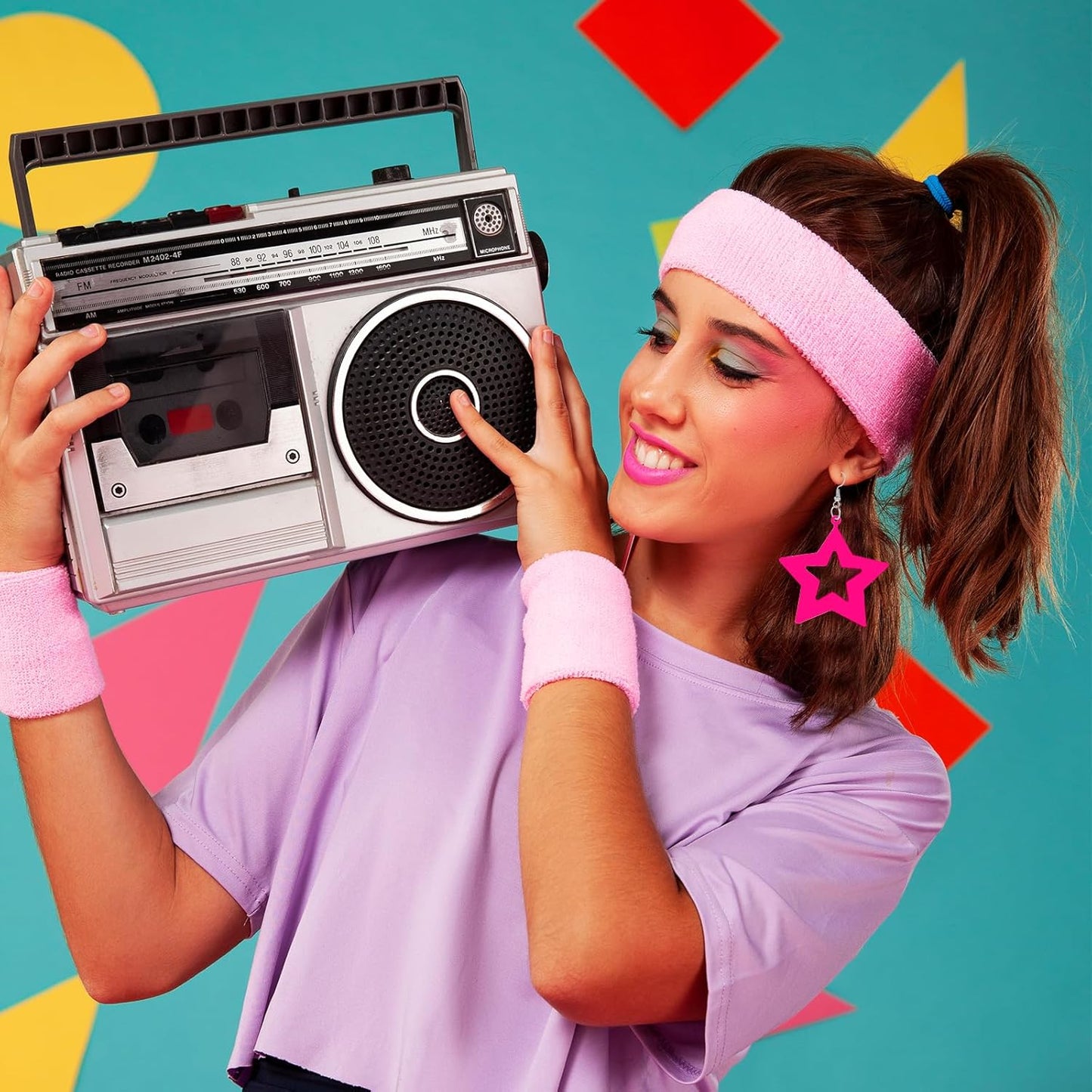 4 Pairs 80s 90s Neon Star Earrings for Women, Circular Drop Oval Jewelry Acrylic Retro Neon Dangle Earring for Costume Dancing Glow Party Outfit Accessories (Orange, Yellow, Green, Rose Red)