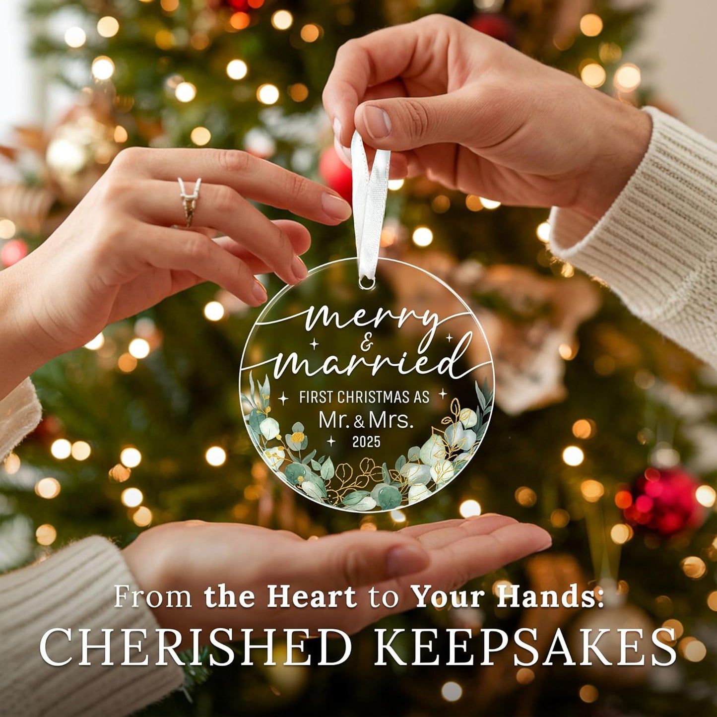 HEXMOZ First Christmas Married Ornament 2025 - Wedding Gifts for Couples 2025 - Just Married, Mr and Mrs Gifts for Newlyweds - Bridal Shower Gift for Bride - Acrylic Wedding Ornament