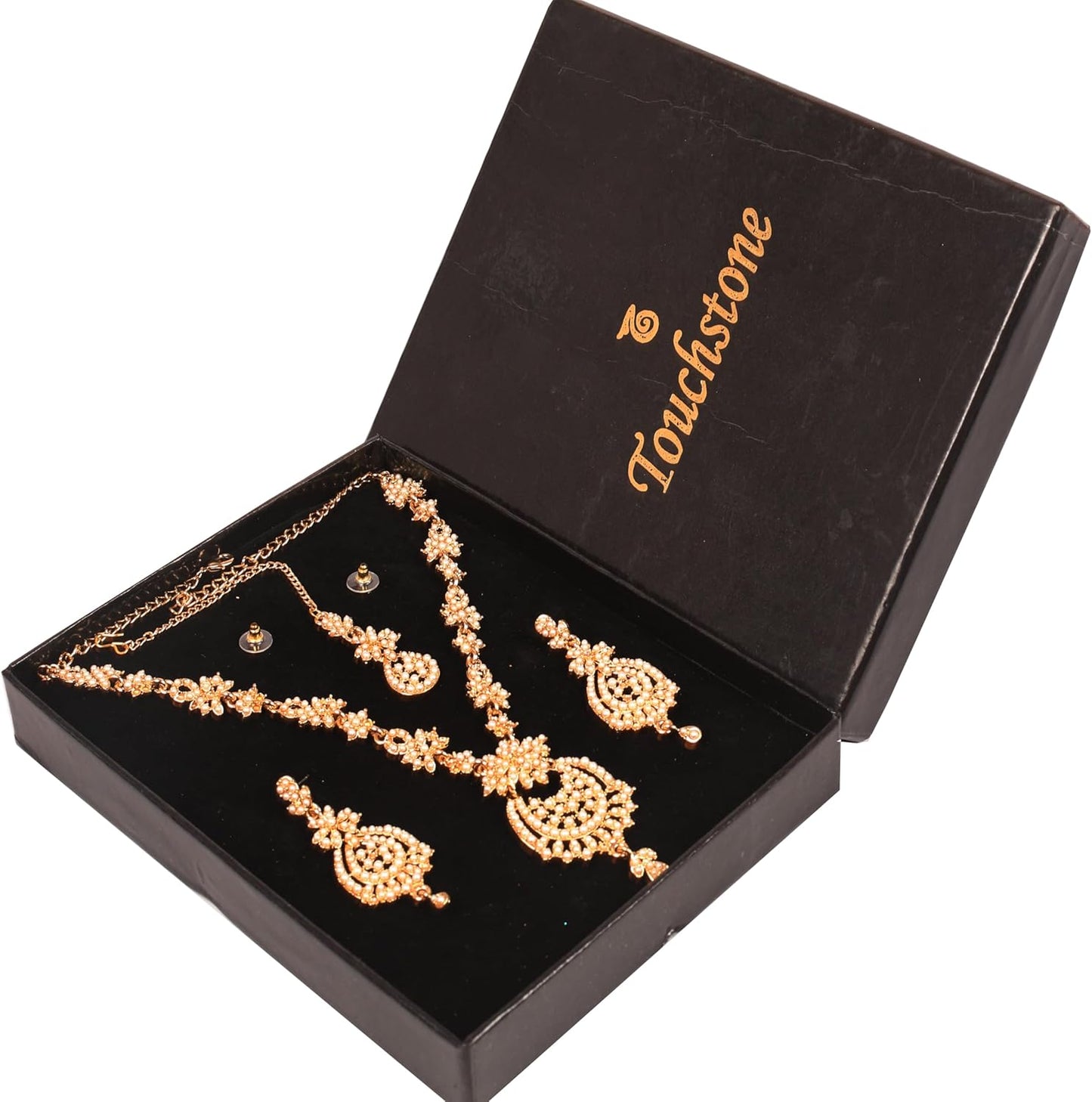Touchstone Indian jewelry sets for women maang tikka wedding guest gold necklace bollywood jewellery set pageant elegant prom bride accessories western crystal chunky rhinestone necklaces