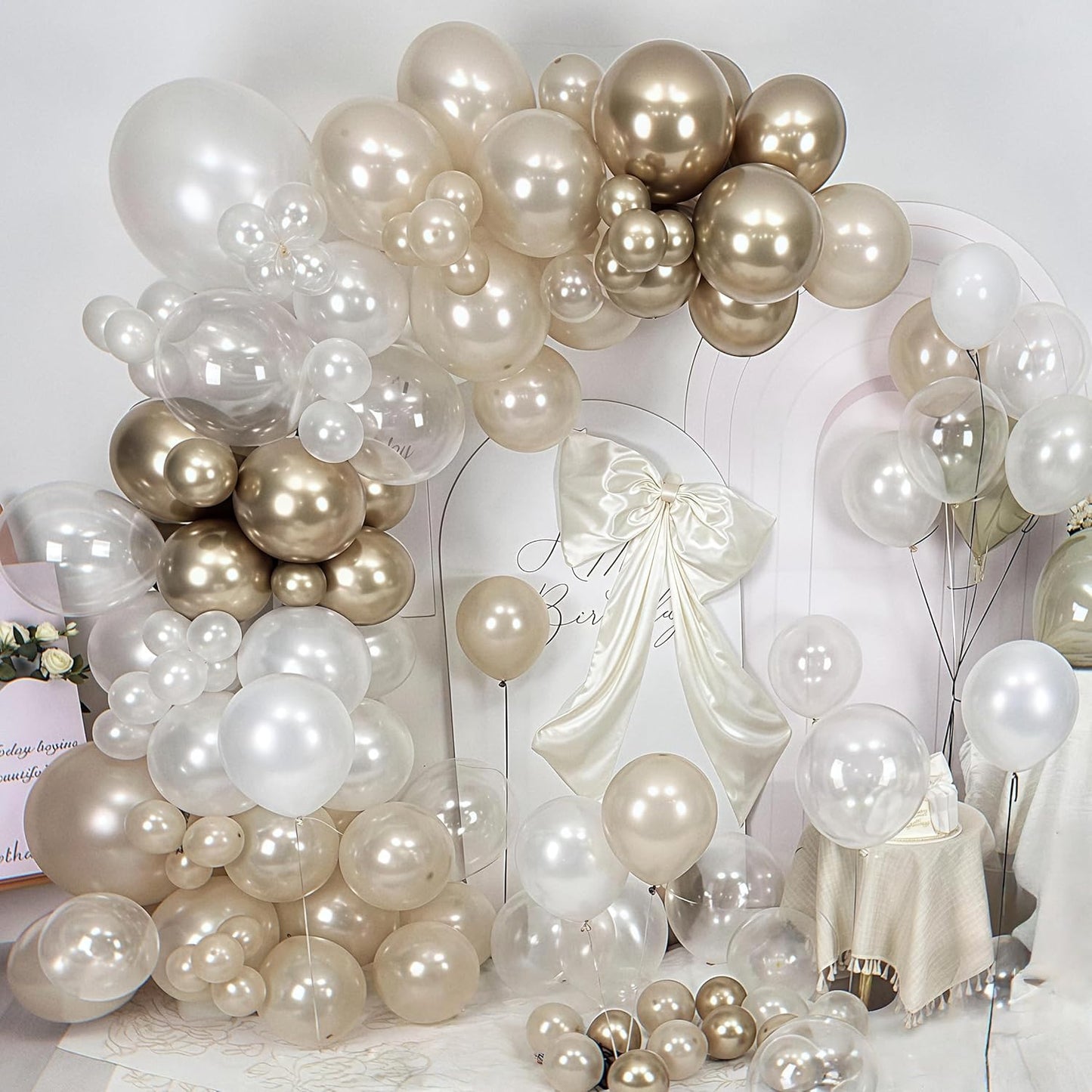 Pearl White Sand Metallic Light Gold Balloons Garland Arch Kit as Engagement Bridal shower Party Decorations, 18/12/10/5 in Different Size Pearl Cream White Clear Lvory Champagne Balloon for Wedding