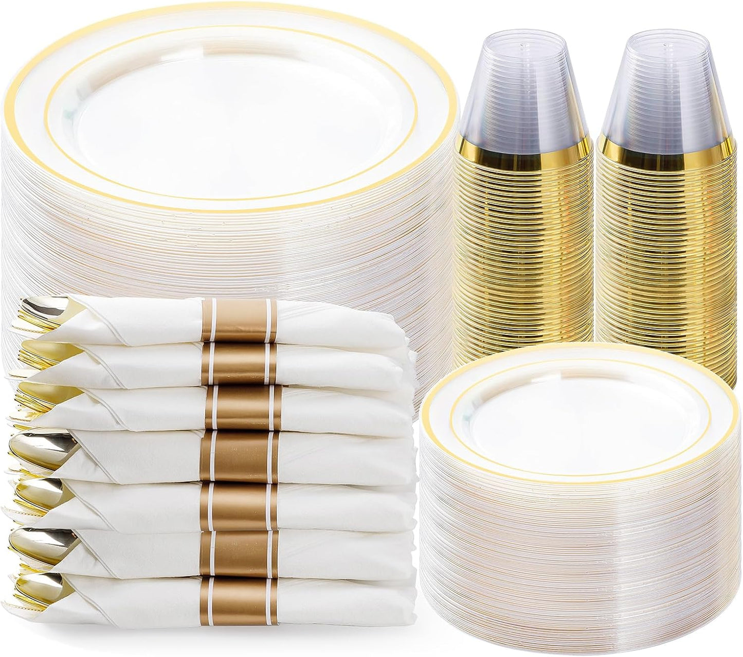 BESTVIP 350PCS Clear Gold Plastic Dinnerware Set for 50 Guests, Disposable Party Plate for Christmas and New Year,Halloween, Include: 100 Plastic Plates, 50 Pre Rolled Napkins with Silverware, 50 Cups