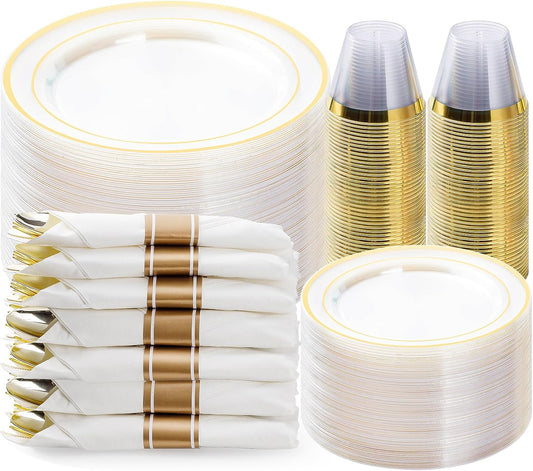 BESTVIP 350PCS Clear Gold Plastic Dinnerware Set for 50 Guests, Disposable Party Plate for Christmas and New Year,Halloween, Include: 100 Plastic Plates, 50 Pre Rolled Napkins with Silverware, 50 Cups