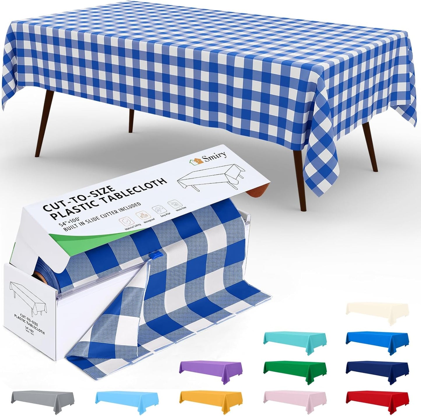 Smiry 54 Inch x 100 Feet Disposable Table Cover Roll, Blue & White Plastic Table Cloth in Cut-to-Size Box with Slide Cutter, Waterproof Rectangle Tablecloths for Weddings, Banquets, Outdoor
