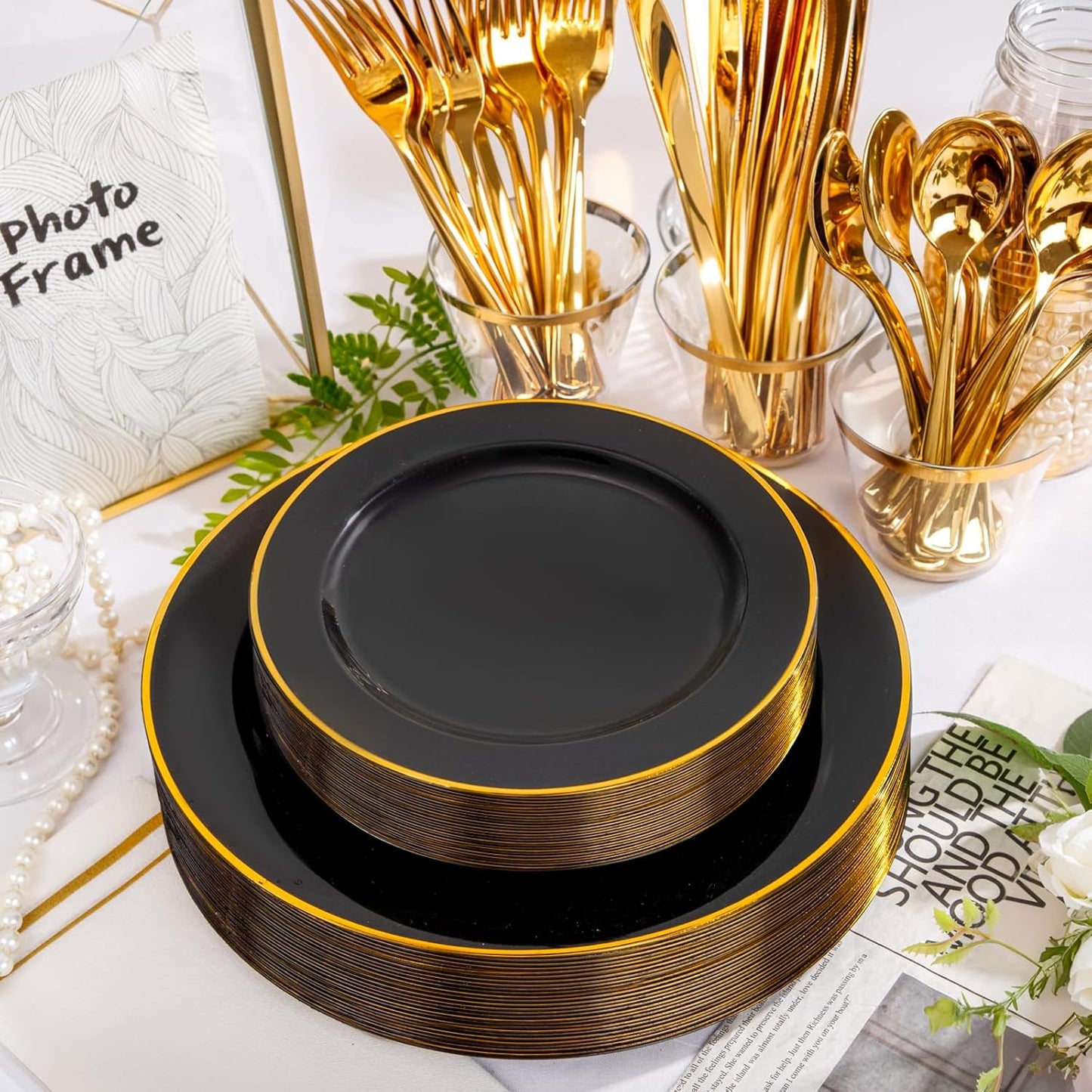 SUT 350-Piece Black and Gold Disposable Plates - Elegant Plastic Dinnerware for 50 Guests, Includes Cups & Napkins | Durable Leak-Proof Design for Weddings, Birthdays, Holidays