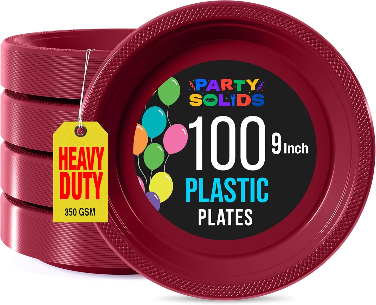 Exquisite Party Solids Burgundy Plastic Plates For Party 9" Burgundy Disposable Plates Heavy Duty 100 Pcs Plastic Dinnerware Sets Heavy Duty 350 GSM Disposable Dinnerware Set