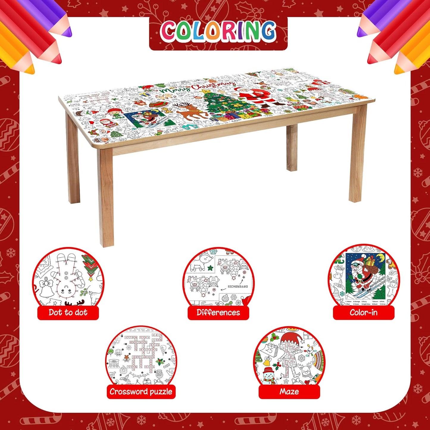Christmas Giant Coloring Tablecloth for Kids, Large 30x72 Inch Poster with Santa, Christmas Tree, Reindeer, Perfect for Party Games, Classroom Decorations, Arts Crafts, Winter Activities