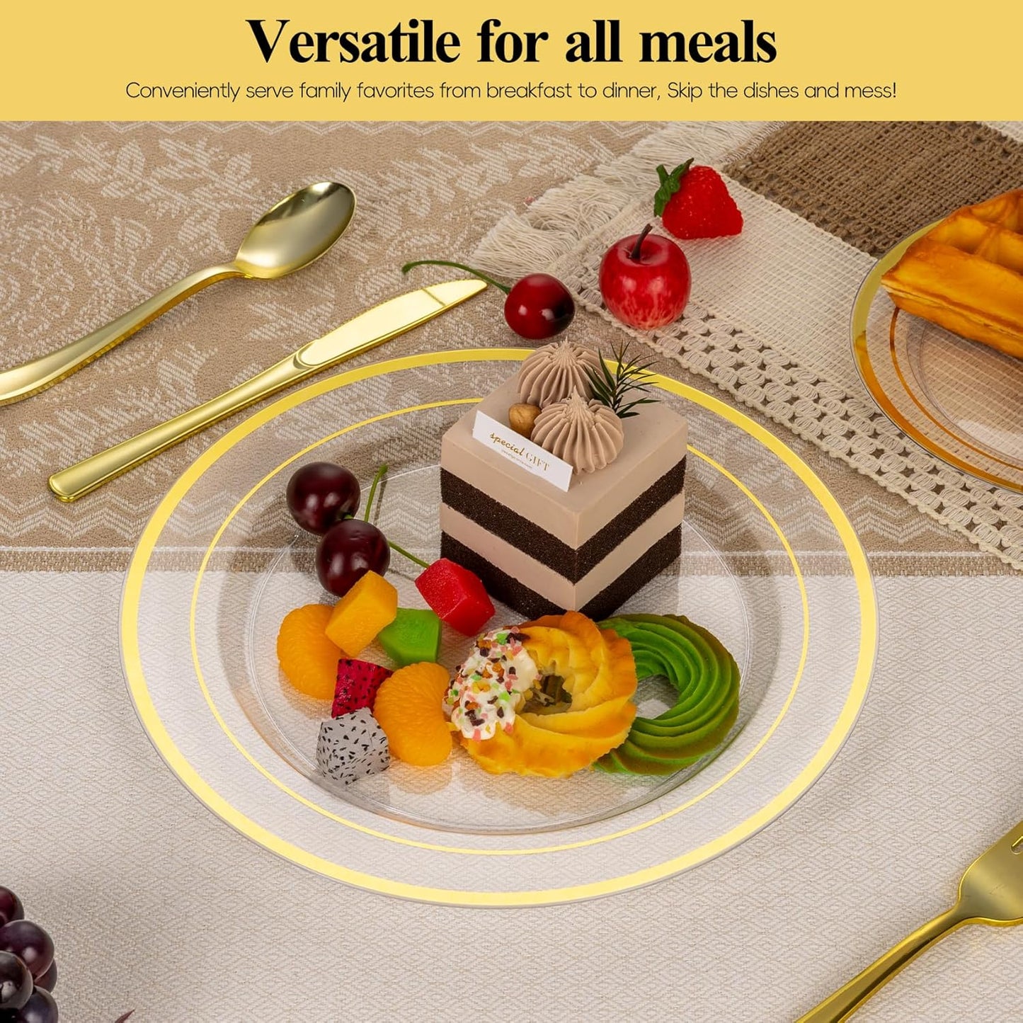 Goodluck 100PCS Clear Gold Plastic Plates, 10.25 Inch Dinner Plate with Silver Rim, Heavy Duty Disposable Plastic Plates for Party, Wedding, Birthday & Daily Use