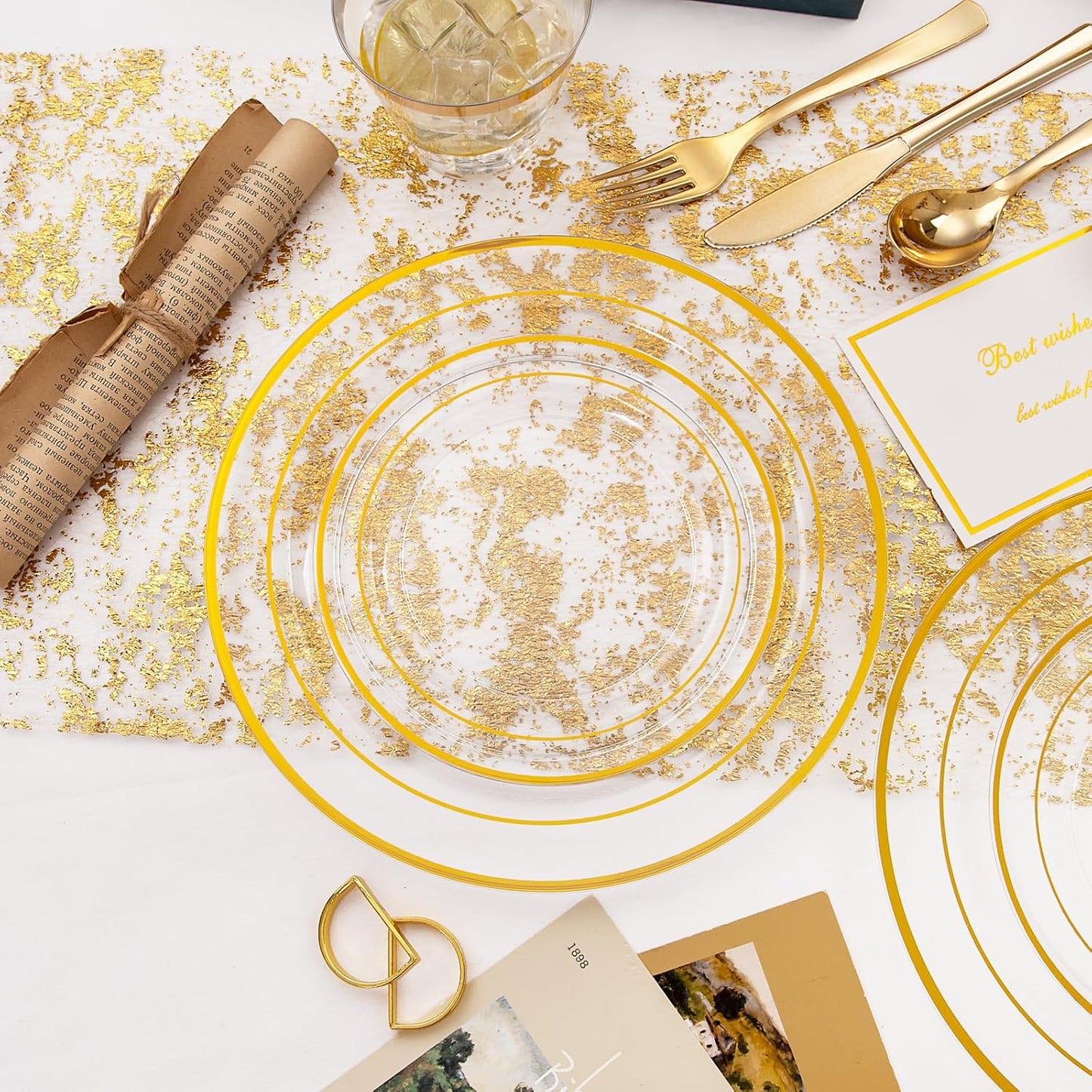 WELLIFE 300Pcs Clear Gold Dinnerware, Clear and Gold Plates Heavy Duty, Including 50 Dinner and 50 Dessert Plates, 50 Cups, 50 Silverware