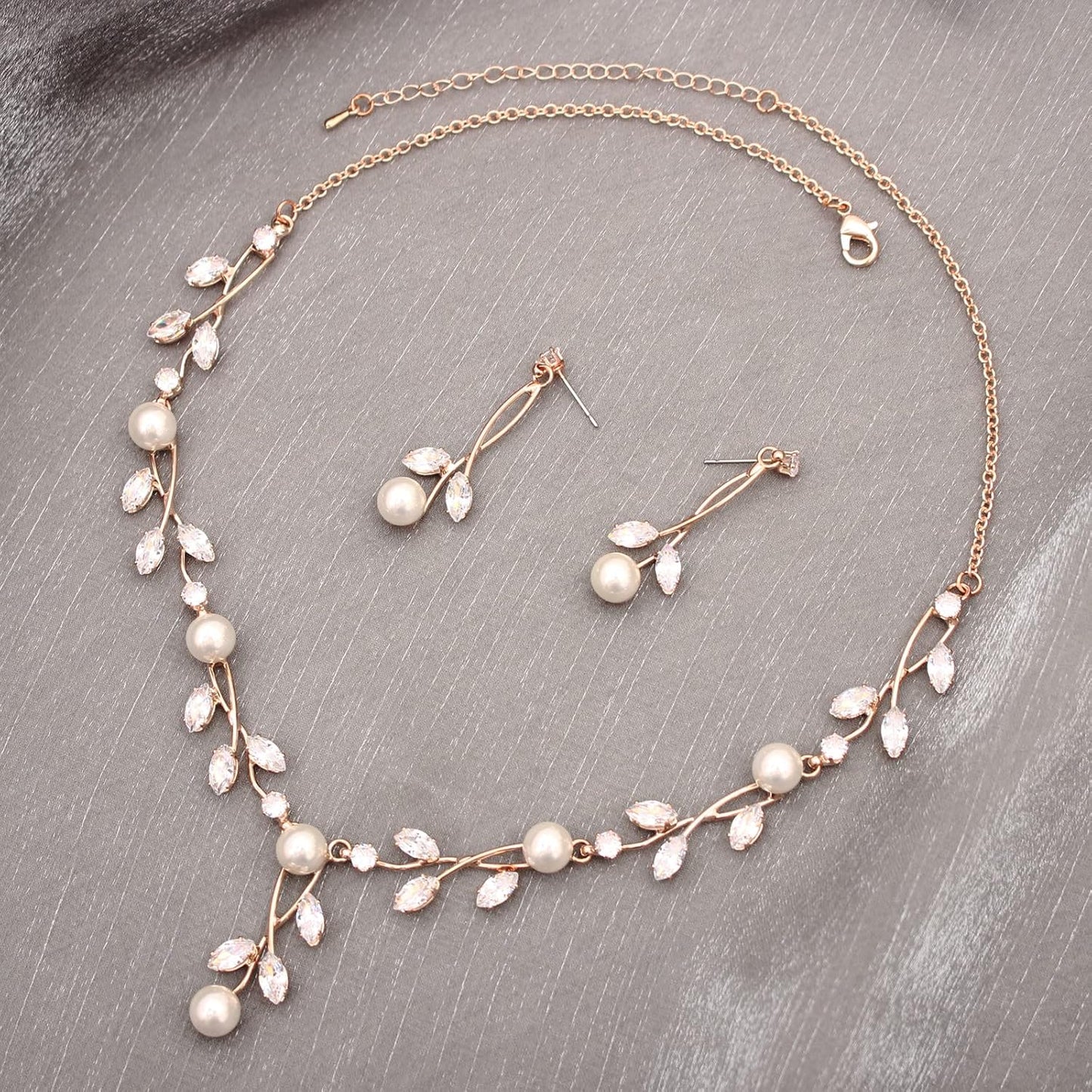 Luxury Cubic Zirconia Aurtrian Crystal Pearl Floral Necklace Dangle Earrings Wedding Bridal Jewelry Set Birthday Gifts for Her