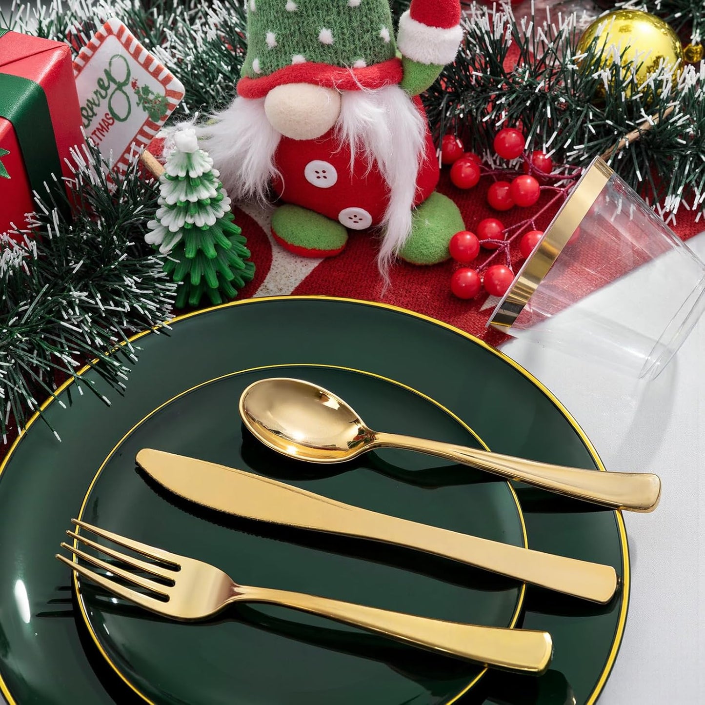 KIRE 175PCS Green Plastic Plates with Gold Rim - Heavy Duty Green Plates Disposable Include 50 Christmas Plastic Plate, 25Pre Rolled Napkins 25 Cups For Christmas/Party