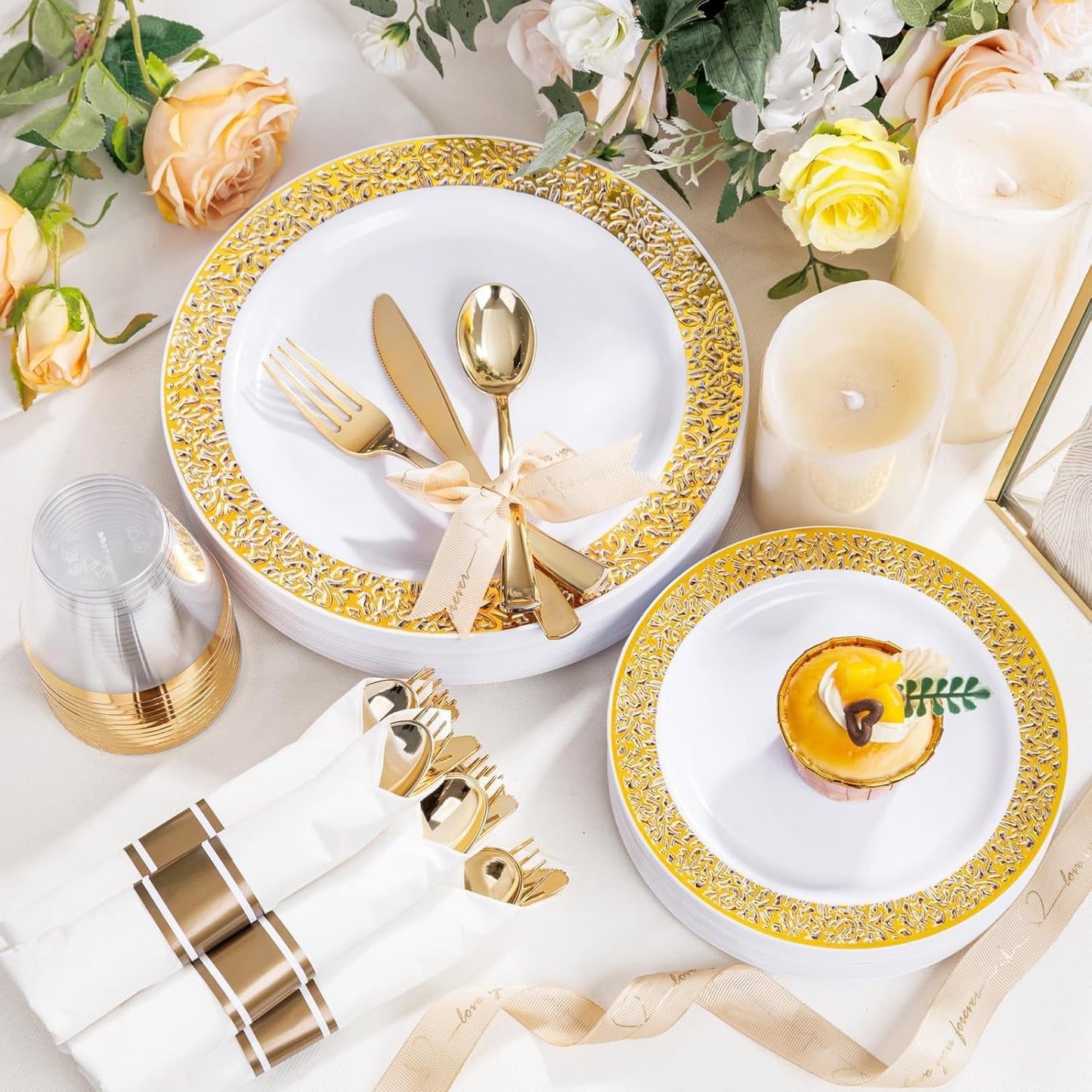 WELLIFE 100 Guests Dinnerware Sets, Gold Plastic Plates，Platos Para Fiestas Elegantes Desechables Include:100 Dinner Plates,100 Dessert Plate,400 Pcs Gold Plastic Silverware, 100 Cups for Party