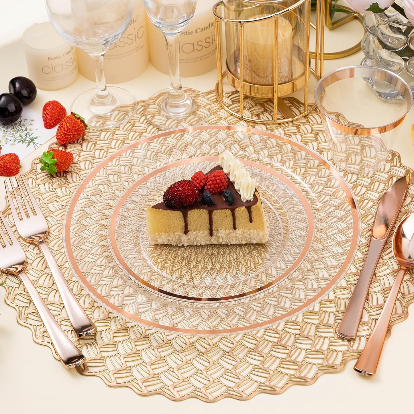200PCS Rose Gold and Clear Plastic Plates, Rose Gold Disposable Plate Set with 100 Dinner Plates and 100 Dessert Plates for Party