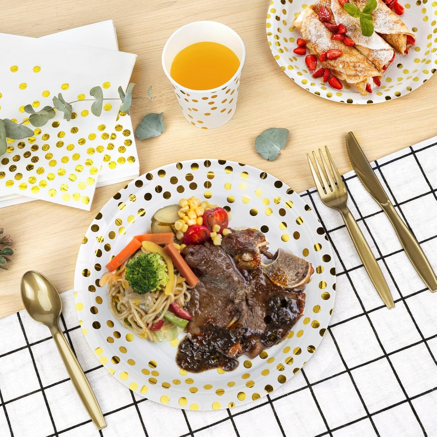 Party Supplies Set - 210 Pieces of White and Gold Dot Paper Plates, Cups, Napkins, and Heavy Duty Silverware for 30 Guests for Birthdays, Graduation, Wedding, Festivals