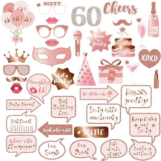 60th Birthday Party Photo Booth Props and Signs, Rose Gold 60 Birthday Party Selfie Props Kit with Sticks for Girls Women, Sixty 60th Happy Birthday Party Decorations Supplies Favors