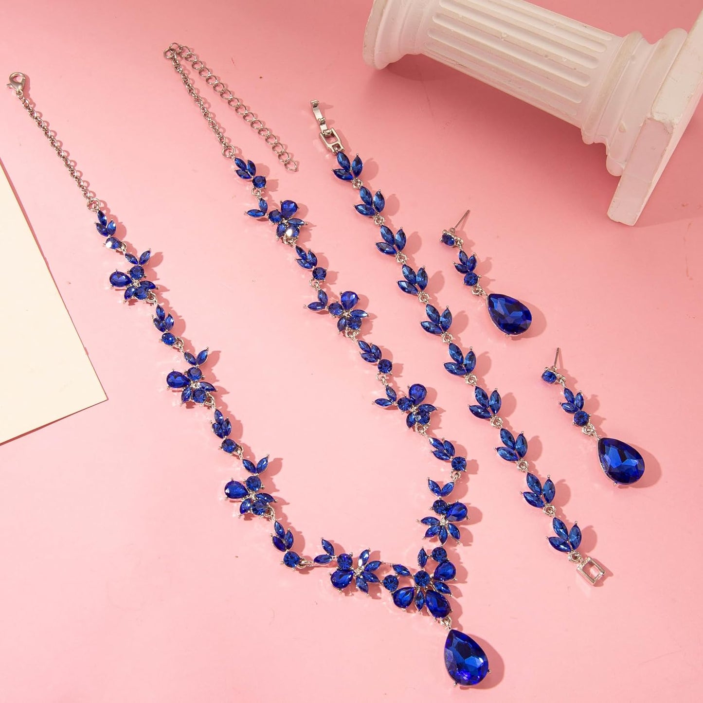 Bridal Wedding Elegant Floral Jewelry Set for Women/Brides/Bridesmaids Crystal Jewelry Set for Wedding Prom Party Bridal Crystal Necklace Earrings Bracelet Set