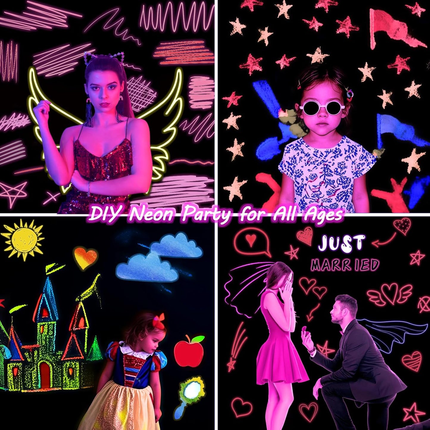 Mega-L Glow In The Dark Party Supplies, Neon DIY party decorations with 4 fluorescent colored pens, Let’s Glow Photography Background Birthday Sleepover Graffiti Black Light Photo Booth (5.2x6.8 feet)