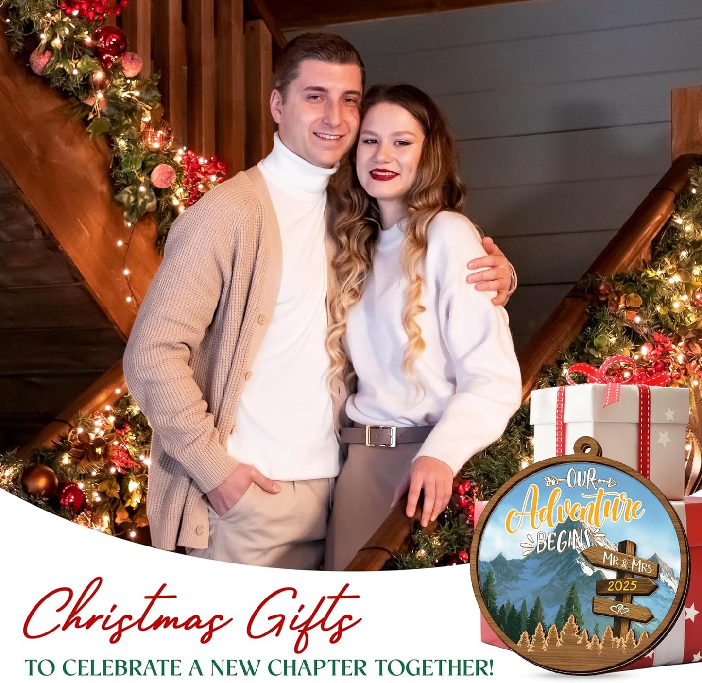 Christmas Wedding Gifts for Couples 2025 - Adventure Start Two Layer Wooden Christmas Ornaments for Tree Decorations - Bridal Shower Marriage Newly Wed Engagement Gifts for Couples Decorations