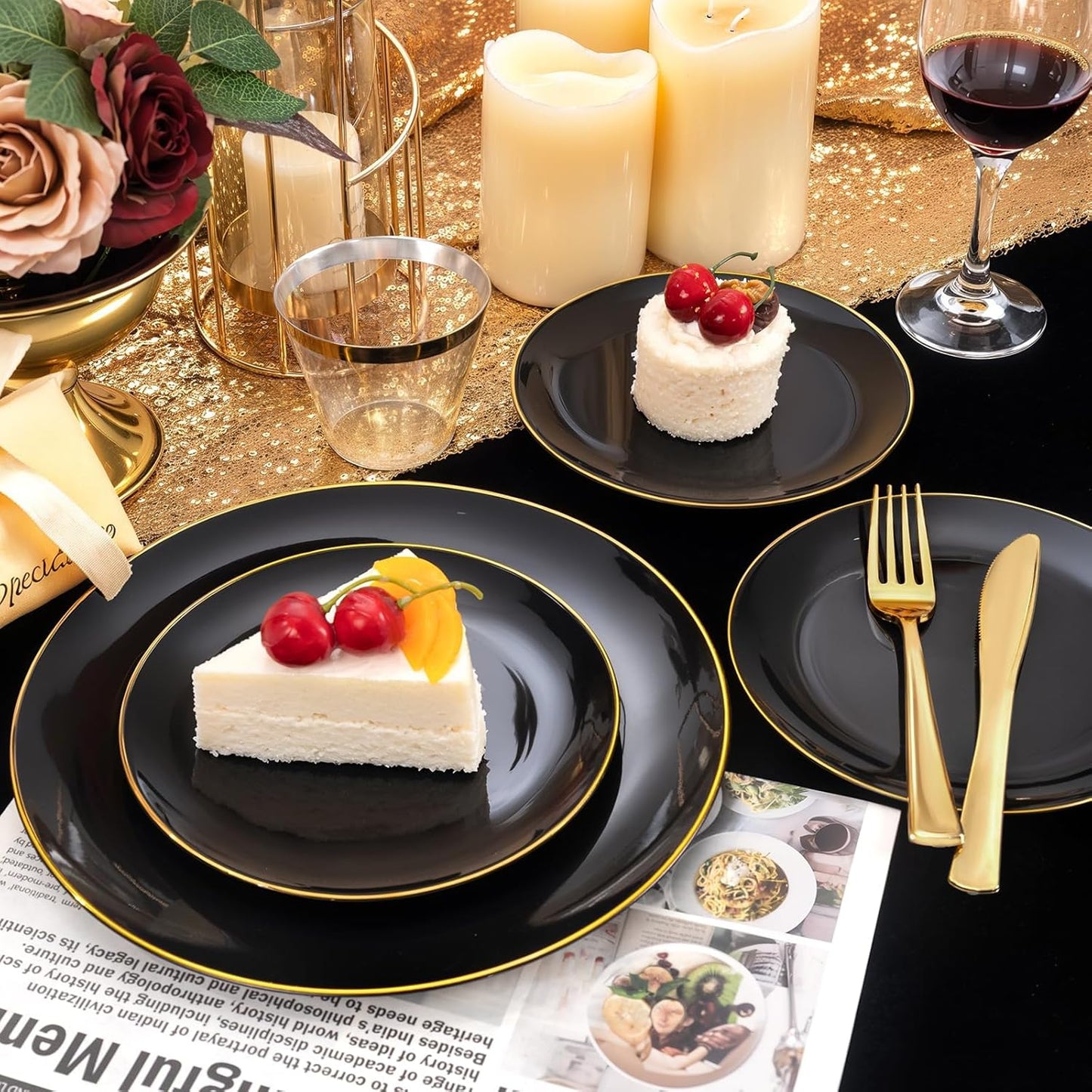 WDF 300PCS Black and Gold Plates - Black Plastic Plates for Party - 50guest Disposable Dinnerware Sets for Party/Wedding/New Year